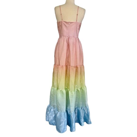 YUMI KIM Sullivan Tiered Maxi Dress Rainbow Ombré Dreamy Shiny Satin Sz M NEW - Picture 7 of 11